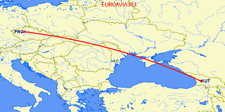 перелет Прага — Кутаиси на карте