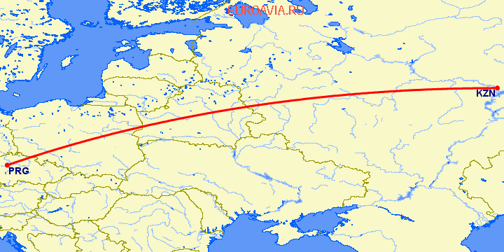 перелет Прага — Казань на карте