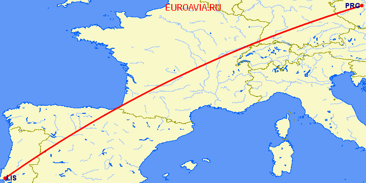 перелет Прага — Лиссабон на карте