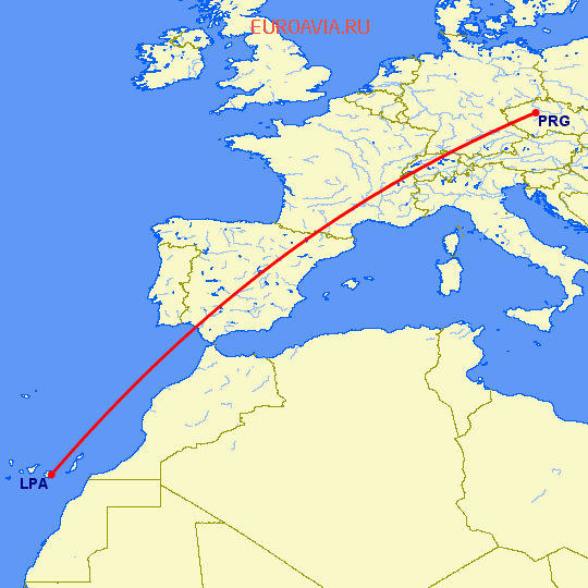 перелет Прага — Лас Пальмас на карте