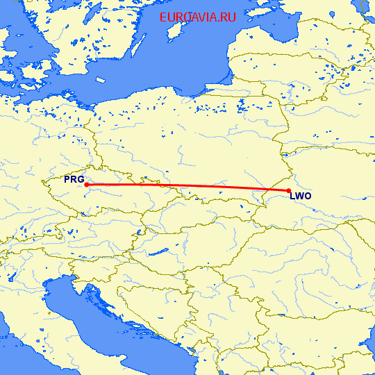 перелет Прага — Львов на карте