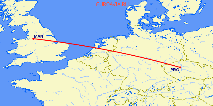 перелет Прага — Манчестер на карте