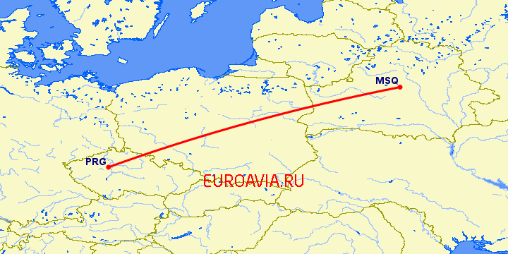 перелет Прага — Минск на карте