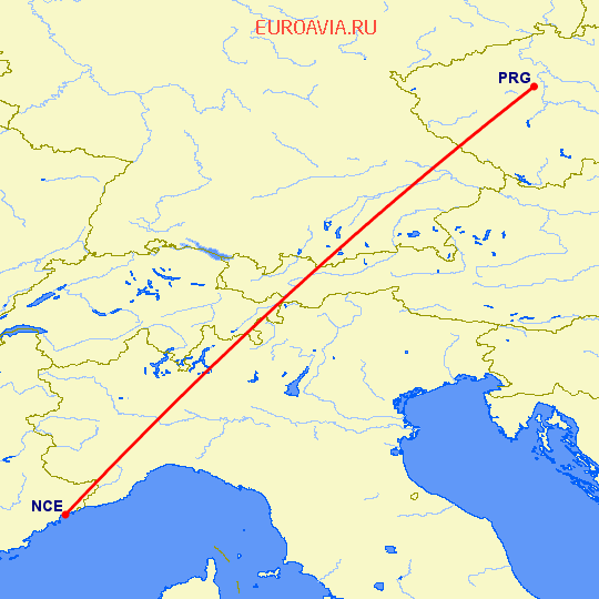 перелет Прага — Ницца на карте