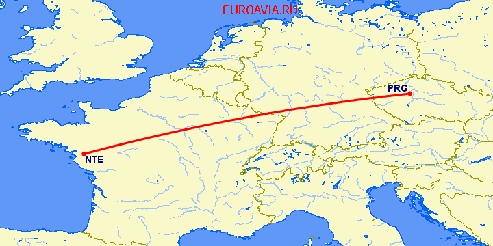 перелет Прага — Нант на карте