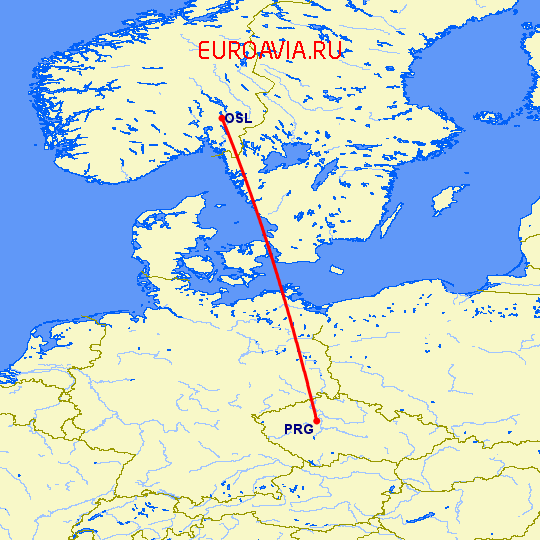 перелет Прага — Осло на карте