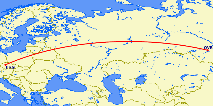 перелет Прага — Новосибирск на карте