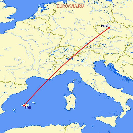 перелет Прага — Пальма де Майорка на карте