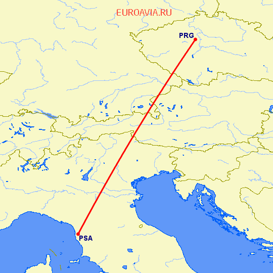 перелет Прага — Пиза на карте
