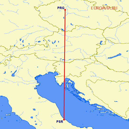 перелет Прага — Пескара на карте