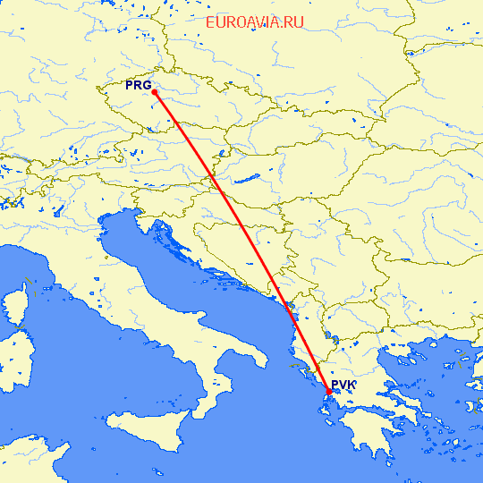 перелет Прага — Превеза Лефка на карте