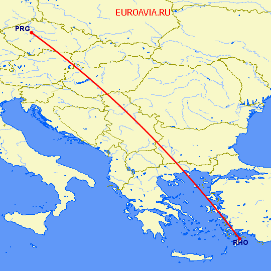 перелет Прага — Родос на карте