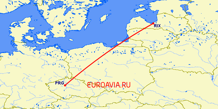 перелет Прага — Рига на карте