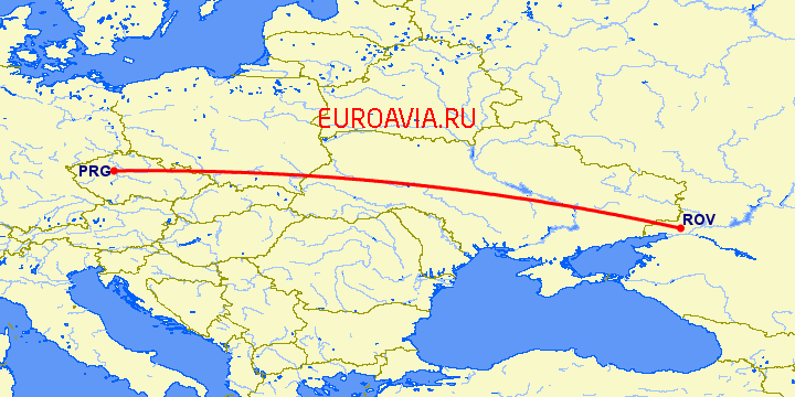 перелет Прага — Ростов на карте