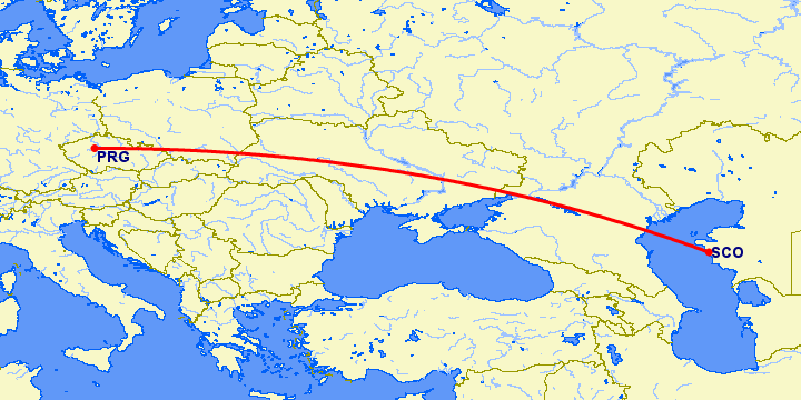 перелет Прага — Актау на карте