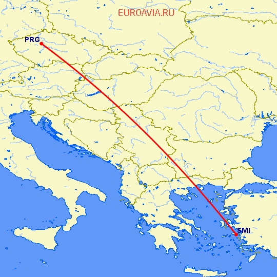 перелет Прага — Samos на карте