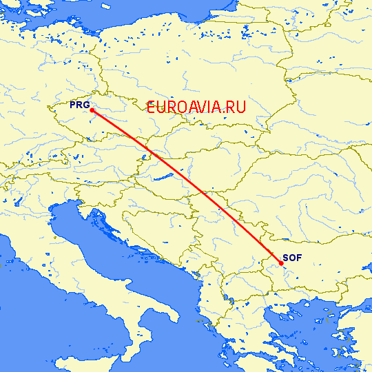 перелет Прага — София на карте