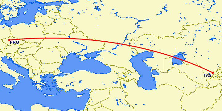 перелет Прага — Ташкент на карте