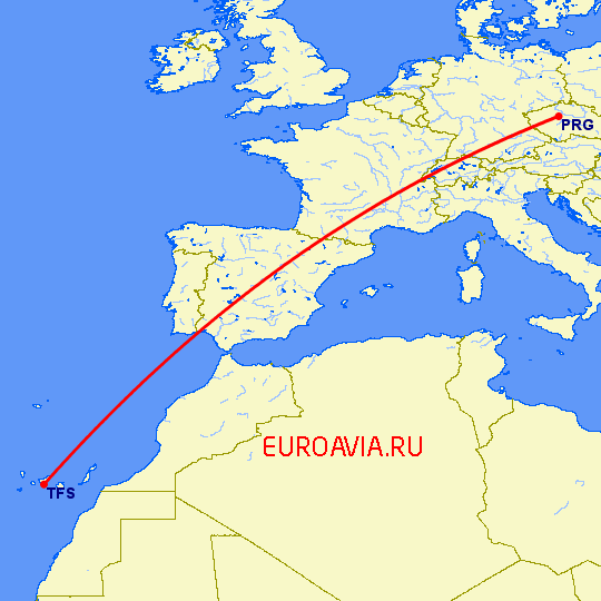 перелет Прага — Тенерифе на карте