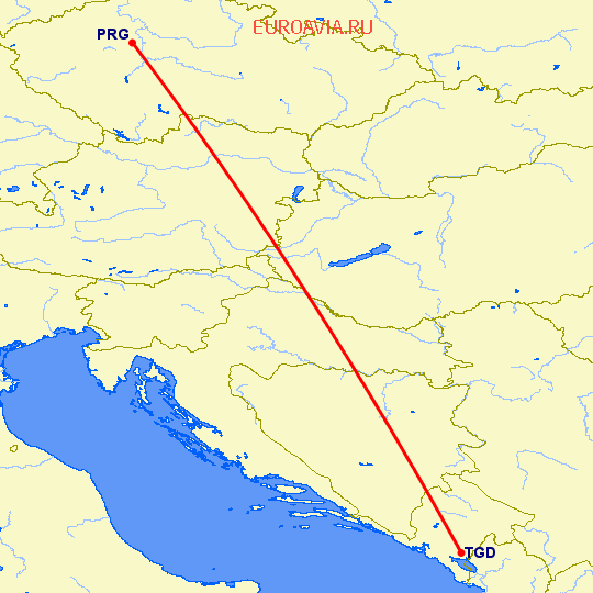 перелет Прага — Подгорица на карте