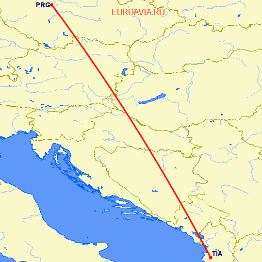 перелет Прага — Тирана на карте