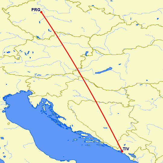 перелет Прага — Тиват на карте