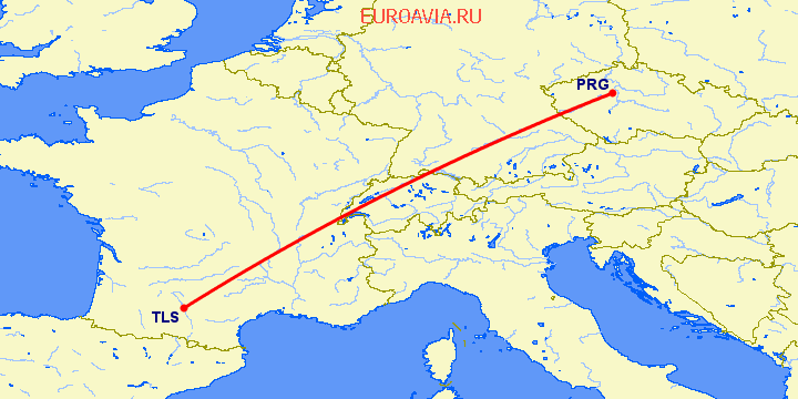 перелет Прага — Тулуза на карте