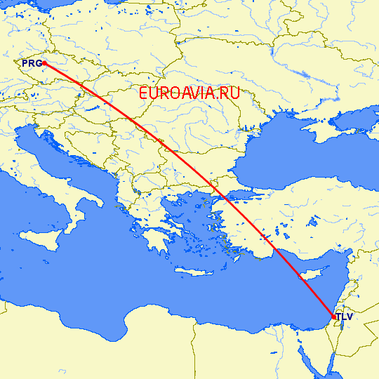 перелет Прага — Тель Авив на карте