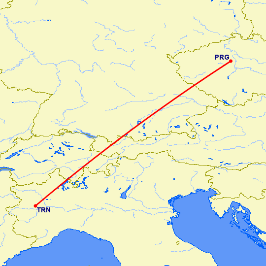 перелет Прага — Турин на карте