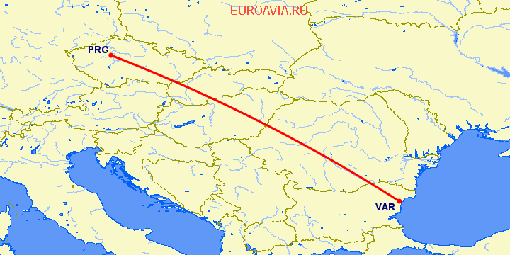 перелет Прага — Варна на карте