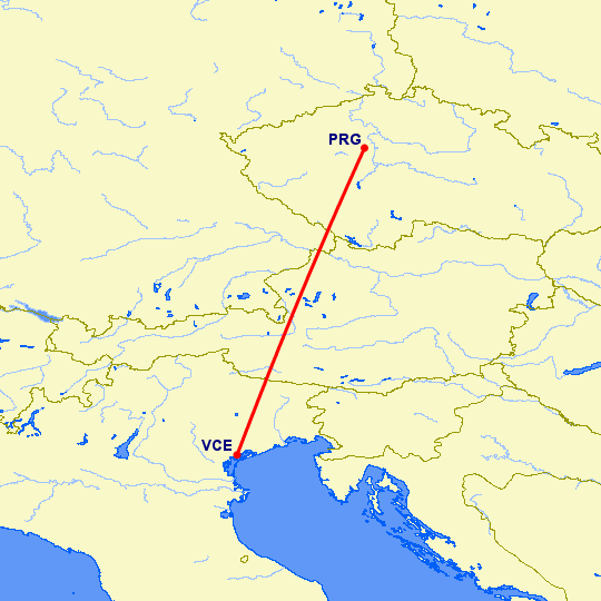 перелет Прага — Венеция на карте