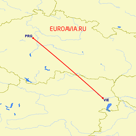 перелет Прага — Вена на карте