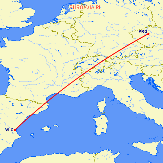 перелет Прага — Валенсия на карте
