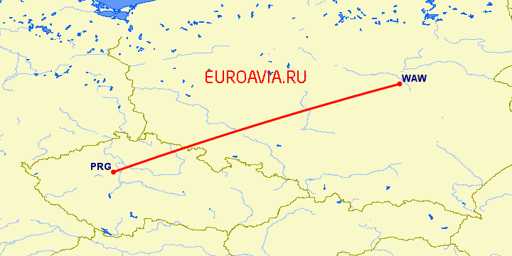 перелет Прага — Варшава на карте