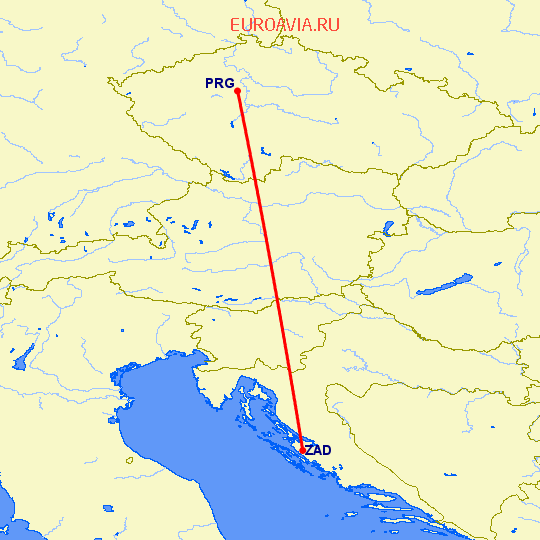перелет Прага — Задар на карте