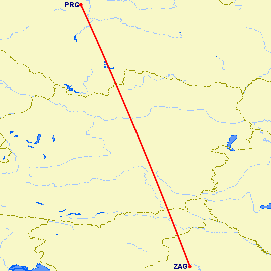 перелет Прага — Загреб на карте