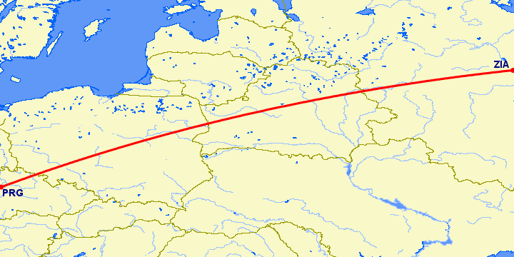 перелет Прага — Москва на карте