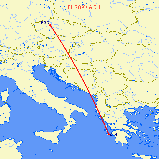 перелет Прага — Закинтос на карте