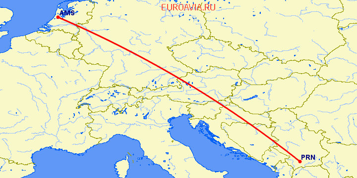 перелет Приштина — Амстердам на карте