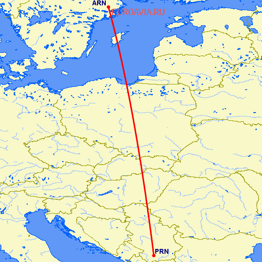 перелет Приштина — Стокгольм на карте