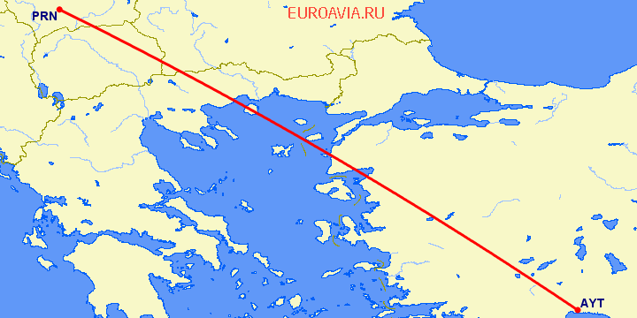 перелет Приштина — Анталия на карте