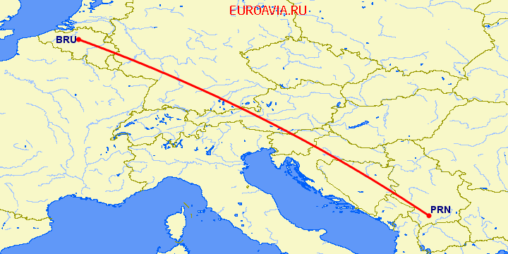 перелет Приштина — Брюссель на карте
