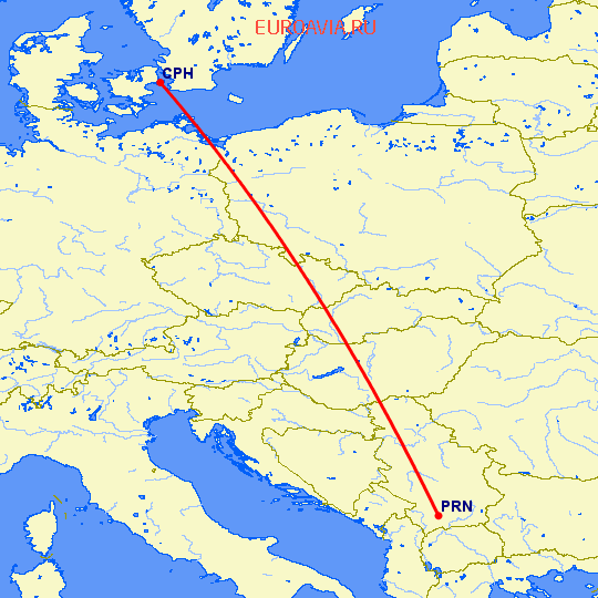 перелет Приштина — Копенгаген на карте