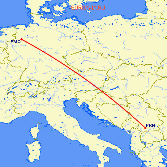 перелет Приштина — Мюнстер-Оснабрюк на карте