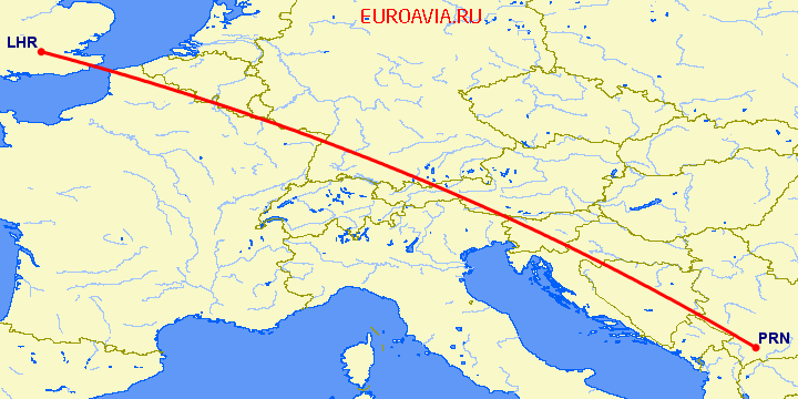 перелет Приштина — Лондон на карте