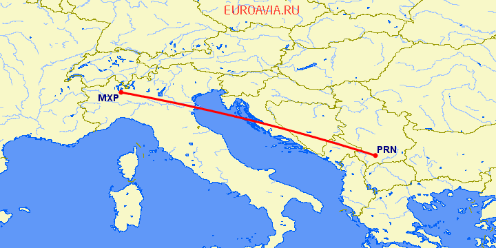 перелет Приштина — Милан на карте