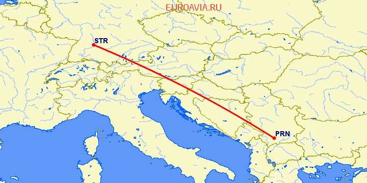 перелет Приштина — Штуттгард на карте