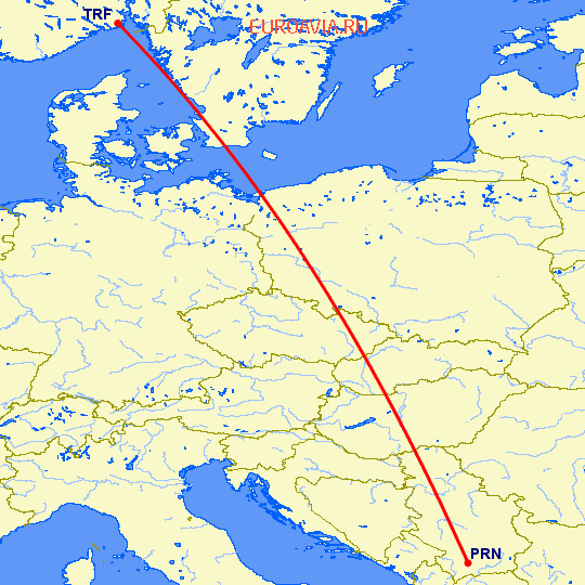 перелет Приштина — Осло Торп на карте