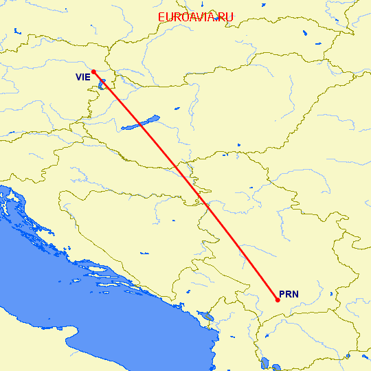 перелет Приштина — Вена на карте