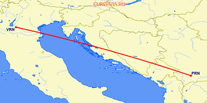 перелет Приштина — Верона на карте